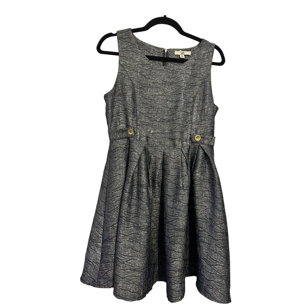 YA Los Angeles A-Line Dress Textured Metallic Grey Gold Button Accents Medium